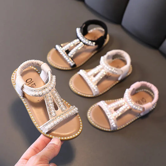Kids Girls Summer Sandals Fashion Pearl Roman Sandals Rhinestone Princess Shoes - YGSD50613