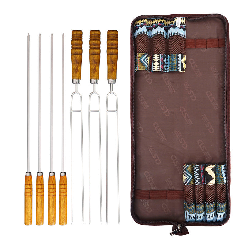 Outdoor Bbq Grilling Needle Barbecue Fork Barbecue Skewers Portable Stainless Steel U-Shaped Wooden Handle Picnic 7-Piece Set