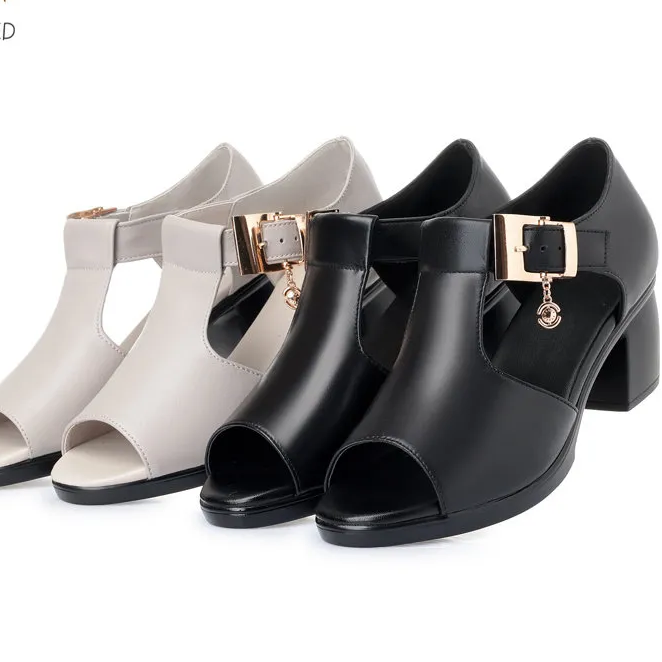 Women Fashion Fish Mouth Shoes Chunky Heel Metal Decorative Buckle Sandals Casual Shoes - WSD50220