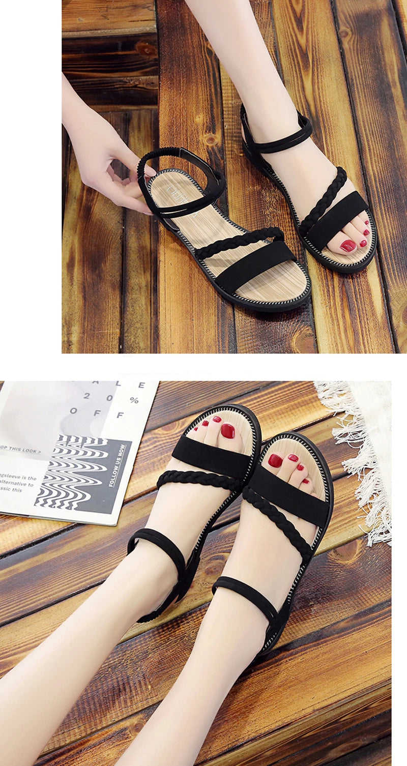 Women Casual Ankle Buckle Sandals Rome Style Shoes Summer Fashion Flock Woven Open Toe Narrow Band Flat Beach Sandals - WSD50217