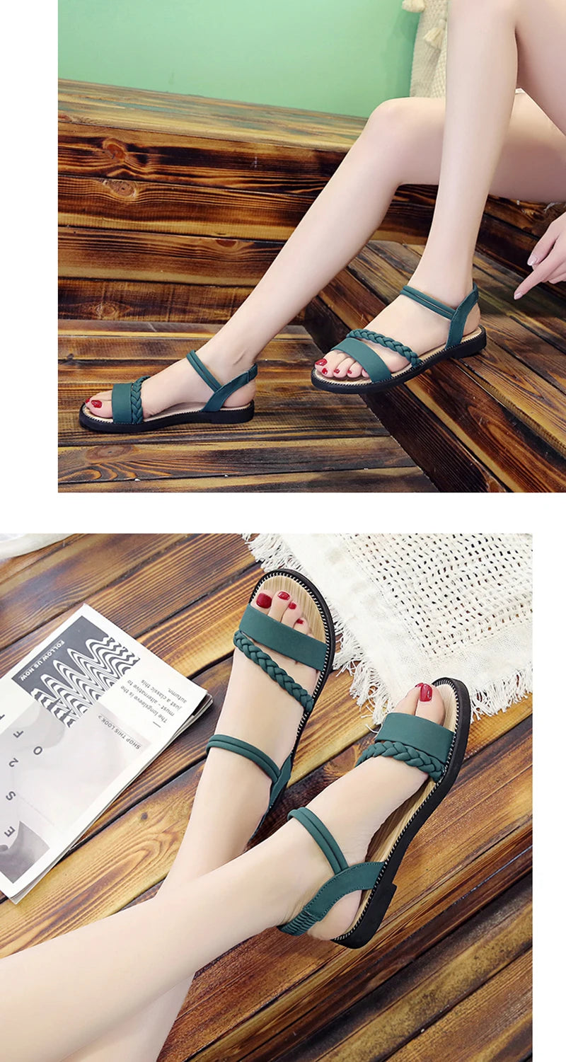 Women Casual Ankle Buckle Sandals Rome Style Shoes Summer Fashion Flock Woven Open Toe Narrow Band Flat Beach Sandals - WSD50217