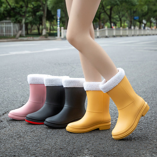 New style women's rain boots, women's non-slip, wear-resistant, lightweight women's rain boots, removable velvet warm mid-tube women's rain boots