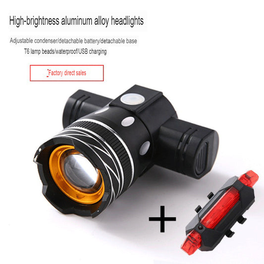 Bicycle T6 headlight aluminum alloy focused headlight USB rechargeable bright flashlight 360 degree rotatable cycling light