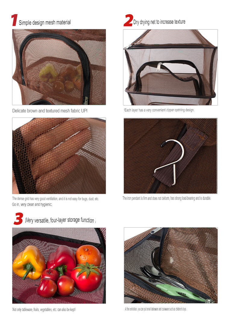 Outdoor Folding Drying Net Multi-Functional Four-Layer Storage Basket Tableware Fruit And Vegetable Hanging Cage Fish Drying Rack