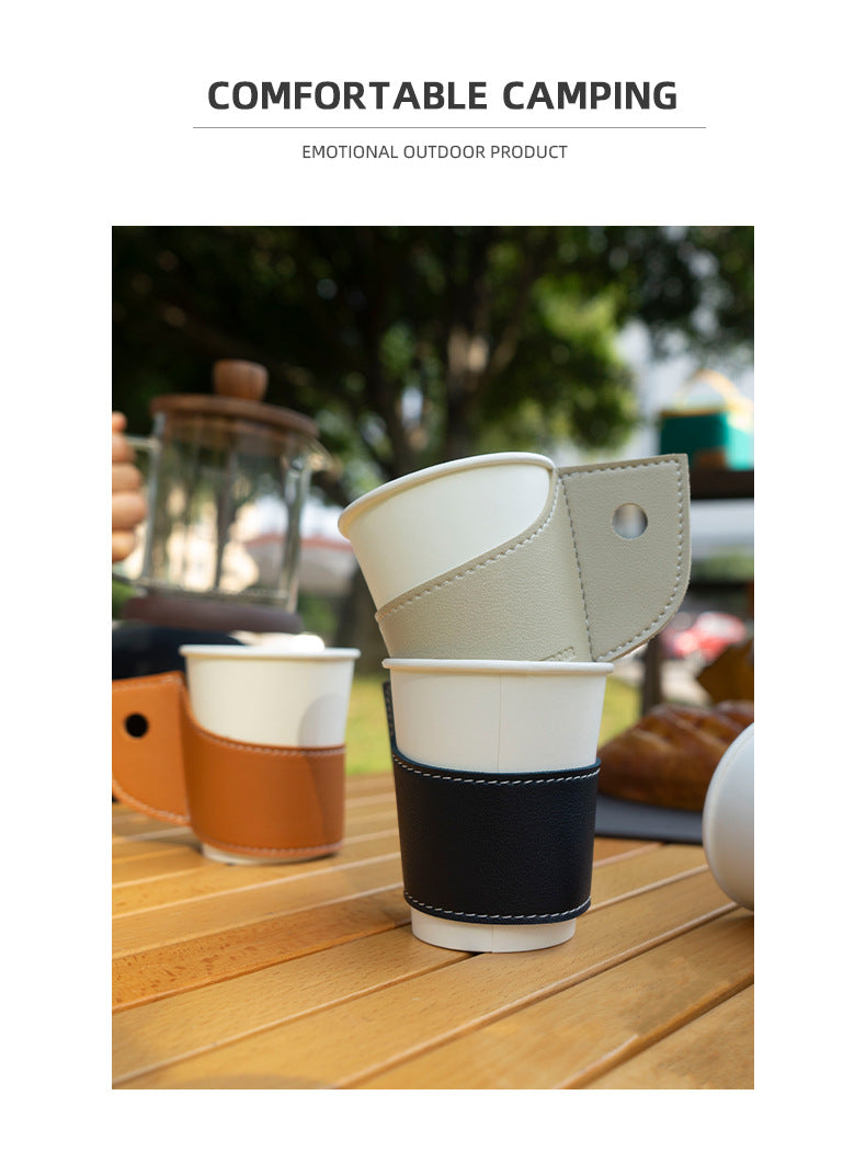 Outdoor Paper Cup Stainless Steel Cup Pu Cup Set Camping Picnic Barbecue Heat Insulation Anti-Scald Handle Coffee Cup Protective Leather Case