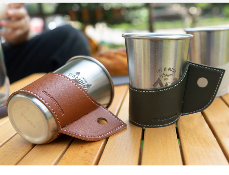 Outdoor Paper Cup Stainless Steel Cup Pu Cup Set Camping Picnic Barbecue Heat Insulation Anti-Scald Handle Coffee Cup Protective Leather Case