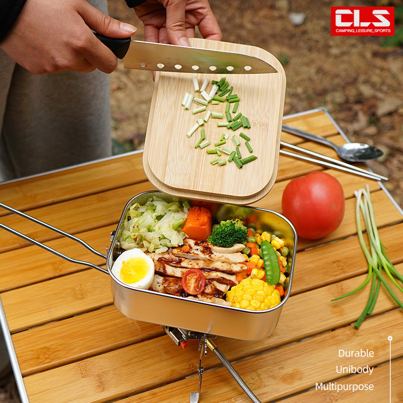 Stainless Steel Lunch Box Outdoor Bamboo And Wood Cutting Board Lid Lunch Box Camping Barbecue Soup Pot Portable Picnic Lunch Box