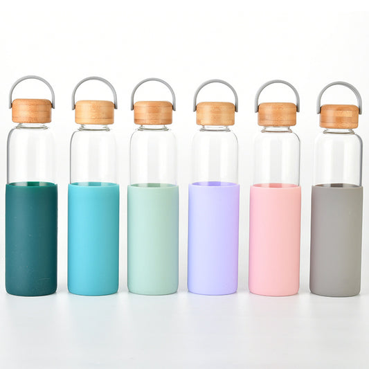 New Single-Layer Glass Bottle Large Capacity Bamboo Lid Retro Glass Insulated Portable Handle Outdoor Water Cup