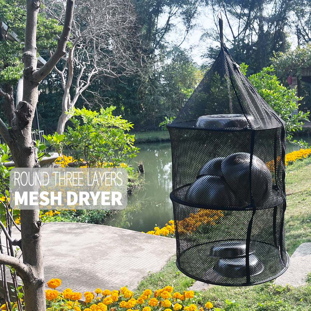 Outdoor Three-Layer Drying Net, Large Round Folding Fabric Storage Net Bag, Household Drying Net, Fish, Fruit And Vegetable Drying Rack