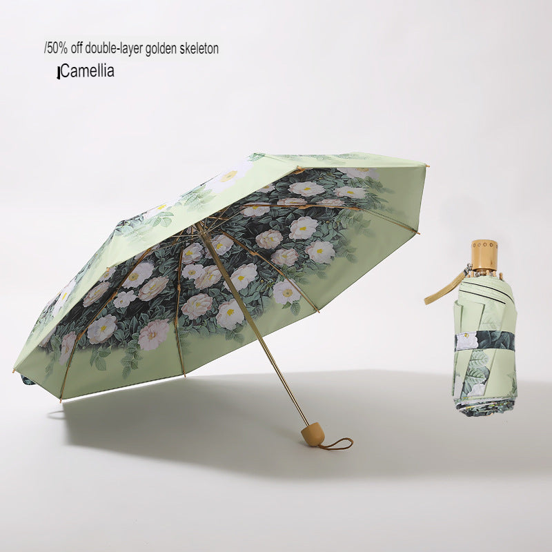 Double-Layer Sun Umbrella With Strong Sun Protection And Uv Protection For Women, Rain Or Shine, Retro High-Value Sun Umbrella, Vinyl Folding Umbrella
