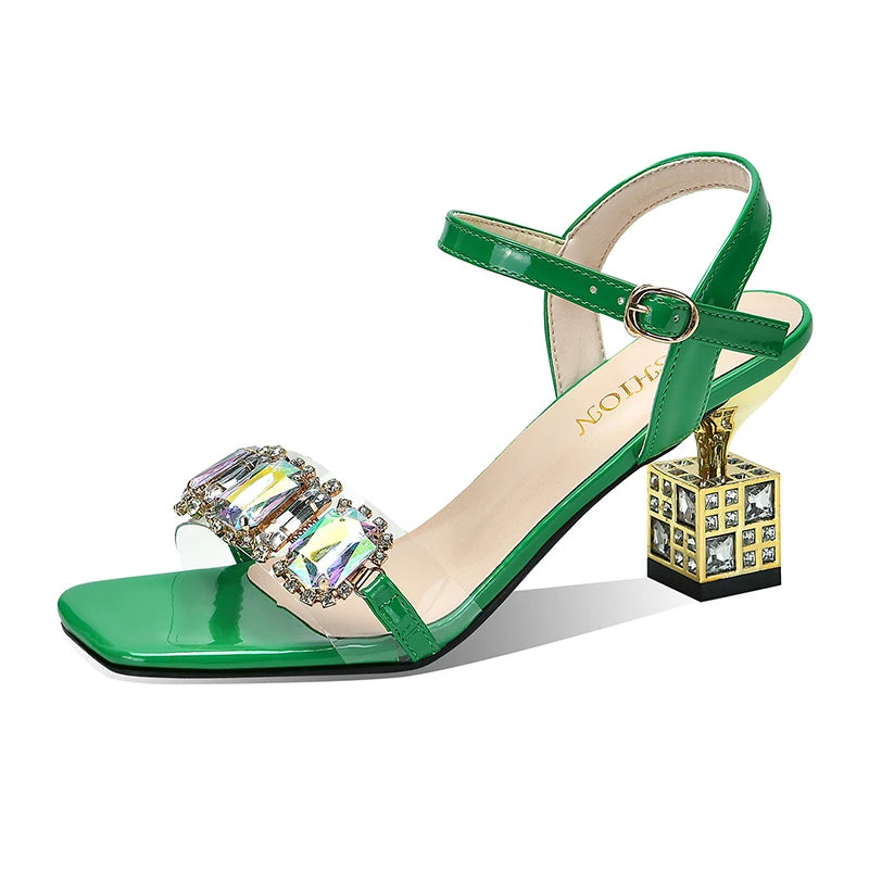 Women Ladies Summer High Heel Shoes Crystal Open Toe Square Heel Block Heel Buckle Fashion Sandals - WSD50221