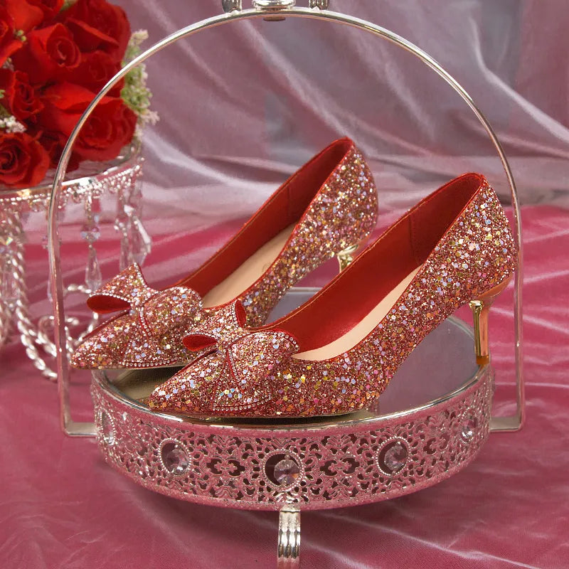 Women Pumps Slip-On Sweet Bowknot High Heels Shining Thin Heels Wedding Party Shoes - WSHP50104
