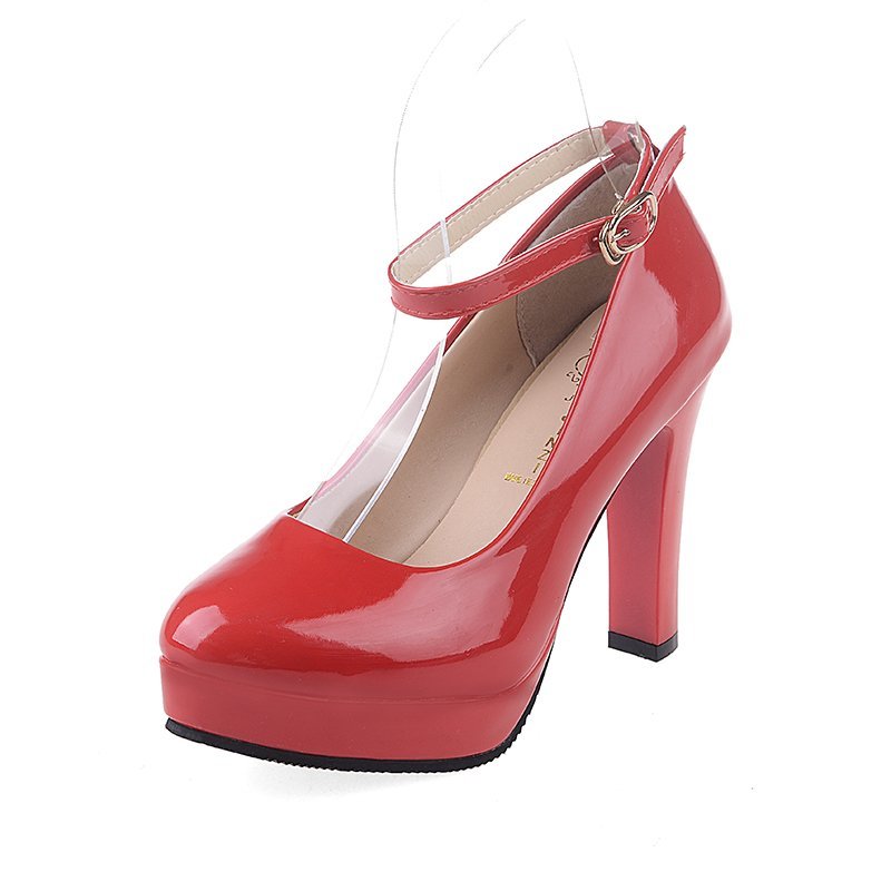 Women Ankle Strap 9CM High Heels Patent Leather Round Toe High Heels - WSHP50057