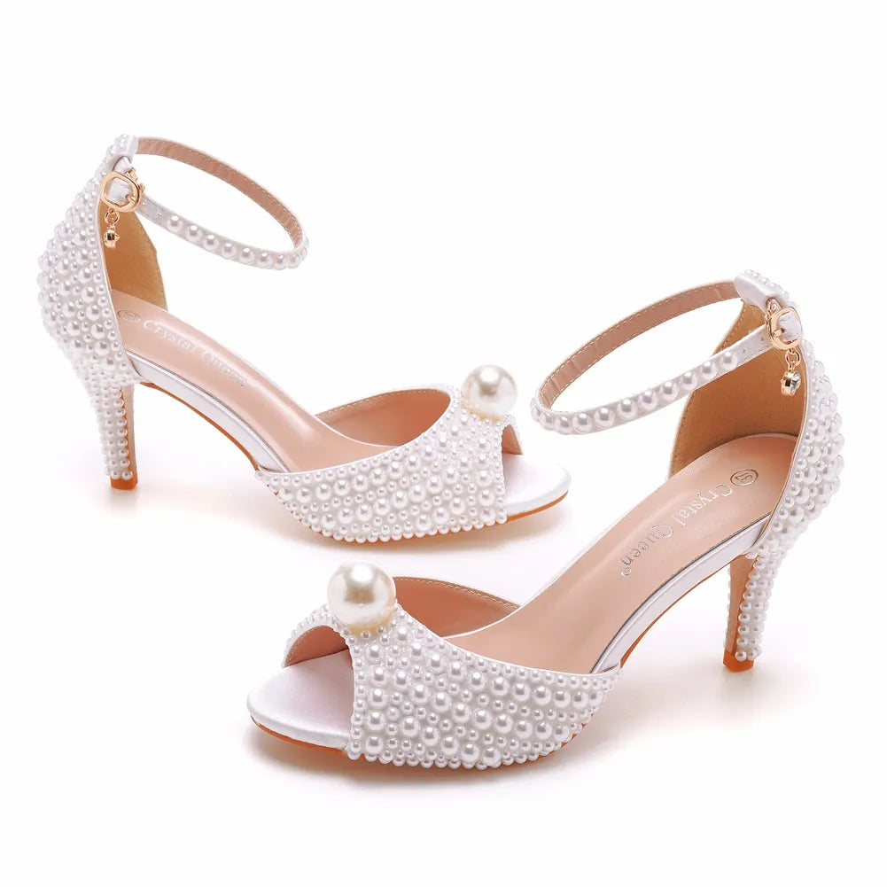 Women Crystal Queen White Pearl Sandals Open Toe High Heels Lady Luxury Wedding Shoes - WSHP50105