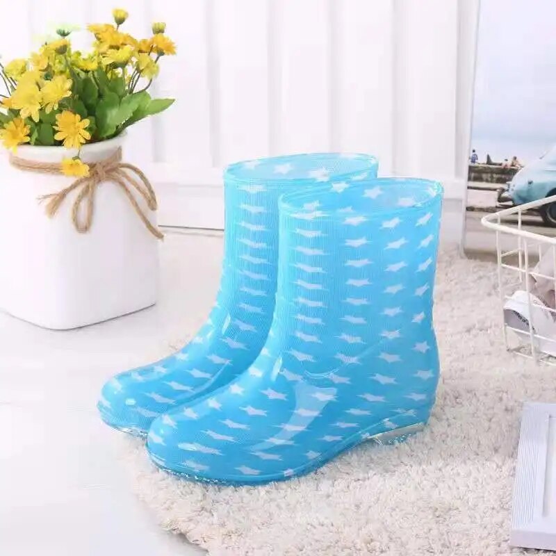 Women Print Rain Boots Waterproof Non Slip Anti Skip PVC Water Rainboots Mid-Calf Boots - WRB50149