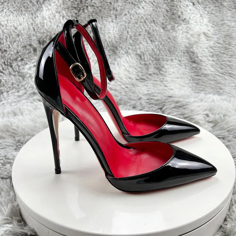 Women Black Patent Leather Ankle Strap Stiletto Pumps Pointed Toe Sexy High Heel - WSHP50069