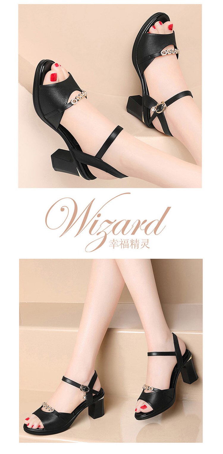 Women's Leather Sandals Summer Peep Toe High Heels Thick Sandel - WSD50205