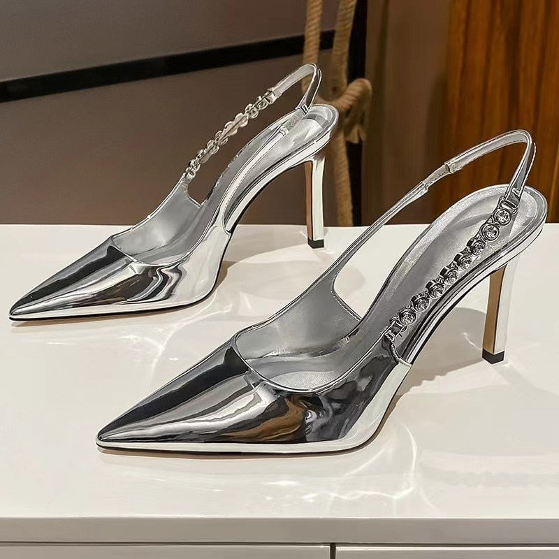 Women Shiny High Heels Slingback Silver Pumps Metallic Crystal Sandals Party Dress Shoes - WSHP50053