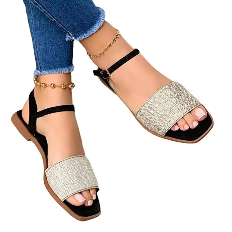 Women High Quality Summer Sandals Solid Color Low-heeled One Word Buckle Open Toe Beach Sandals - WSD50218