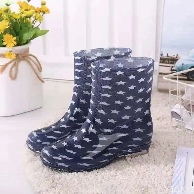 Women Print Rain Boots Waterproof Non Slip Anti Skip PVC Water Rainboots Mid-Calf Boots - WRB50149