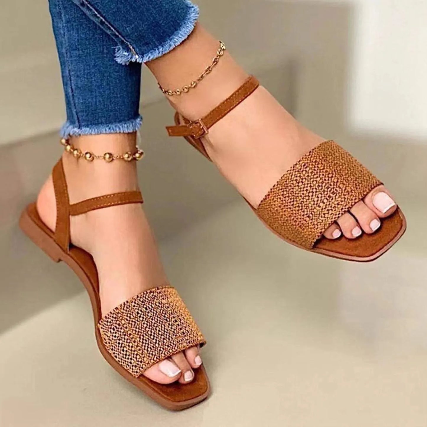 Women High Quality Summer Sandals Solid Color Low-heeled One Word Buckle Open Toe Beach Sandals - WSD50218
