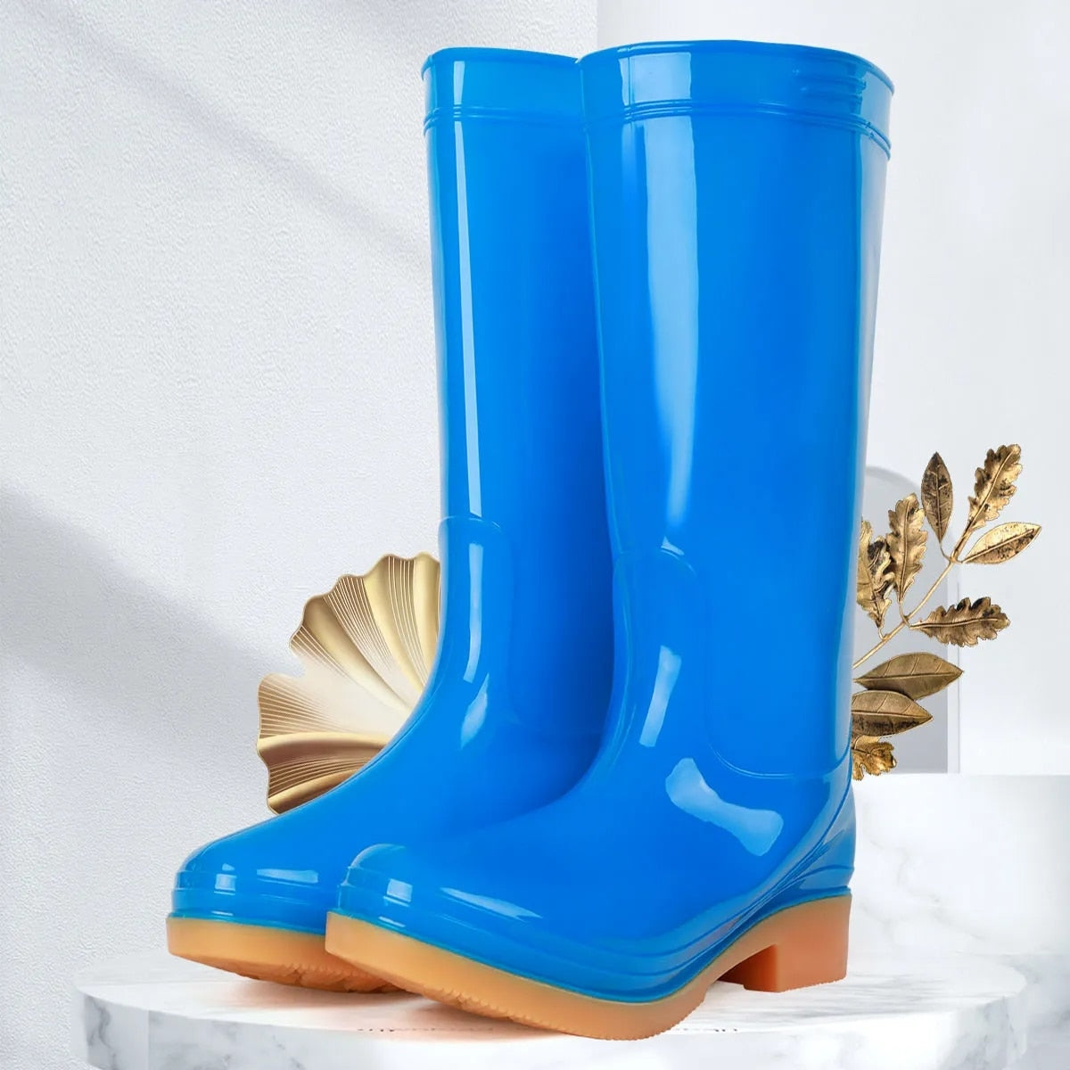 Women High Rain Boots Solid Color Waterproof Anti Slip Work Rubber Long Water Shoes - WRB50111