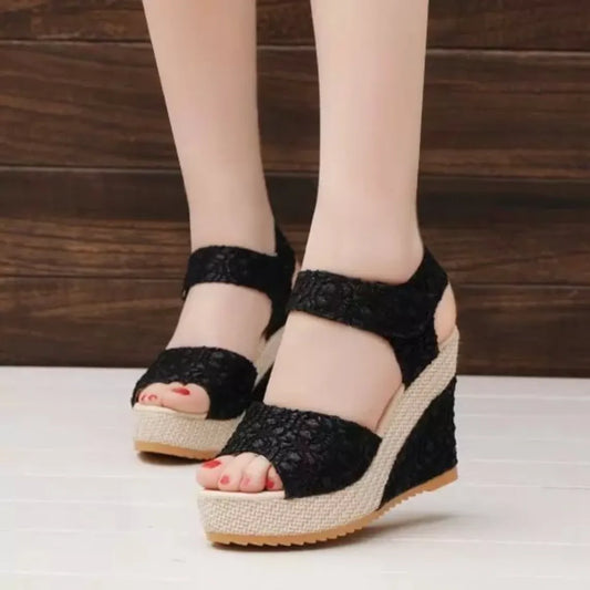 Women Summer Lace Sandals Solid Colors Peep Toe Fashion Elegant Wedge Heels Party Casual Pumps - WSD50240