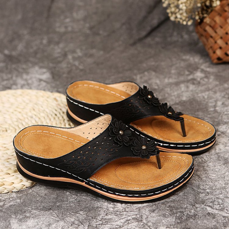 Women Summer Slippers Ladies Flip Flops Wedge Heel Flower Sandals - WSD50211
