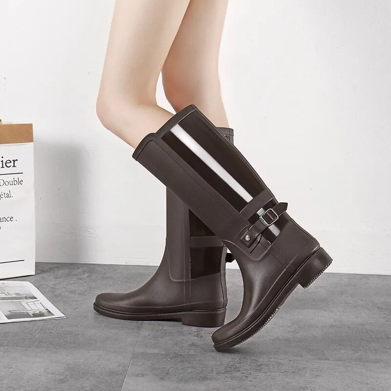 Women New Fashion Rain Boots Knee-High Water Boots Buckle Long Tube High-grade Waterproof Shoes - WRB50155