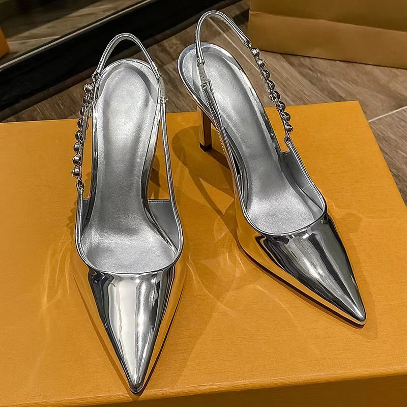 Women Shiny High Heels Slingback Silver Pumps Metallic Crystal Sandals Party Dress Shoes - WSHP50053