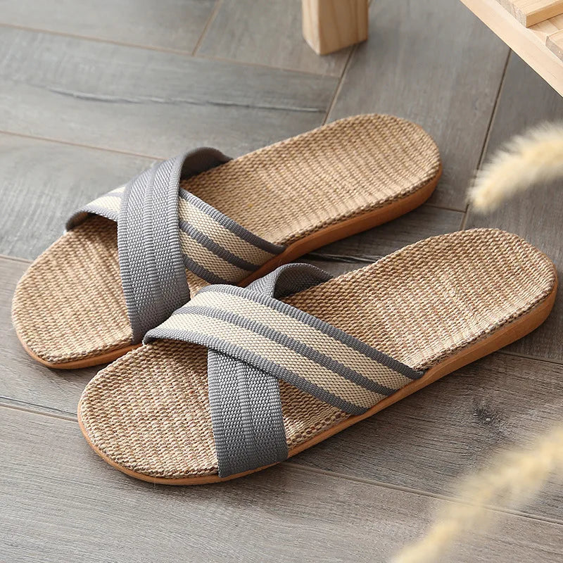 Men Slippers Linen Home Indoor Open Toe Flat Shoe Beach Slippers Striped Spliced Rubber Sandals