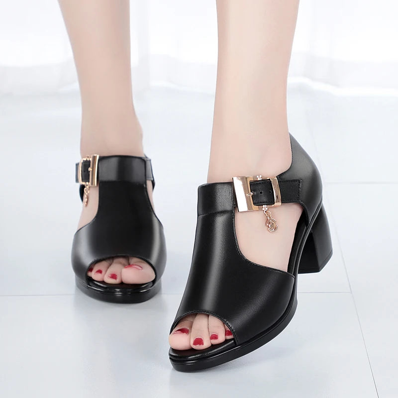 Women Fashion Fish Mouth Shoes Chunky Heel Metal Decorative Buckle Sandals Casual Shoes - WSD50220