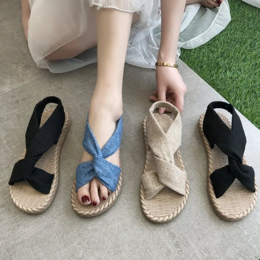Women Summer Sandals Straw Linen Roman Elastic Band Crossed Flat Sandals - WSD50236