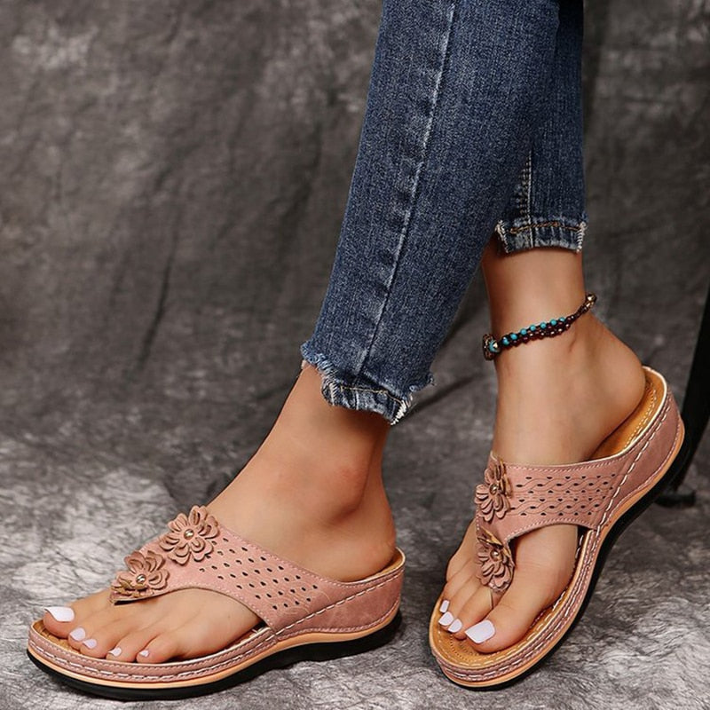 Women Summer Slippers Ladies Flip Flops Wedge Heel Flower Sandals - WSD50211