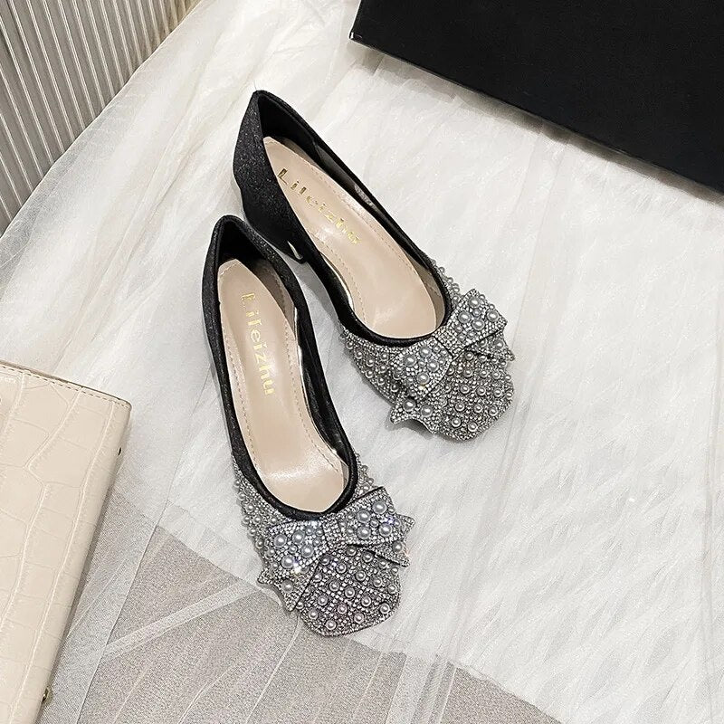 Women Pumps Med Heel Square Toe Bowknot Decoration Wedding Party Shoes - WSHP50095