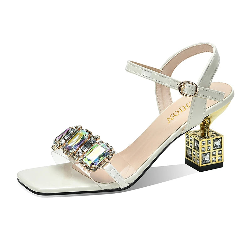 Women Ladies Summer High Heel Shoes Crystal Open Toe Square Heel Block Heel Buckle Fashion Sandals - WSD50221