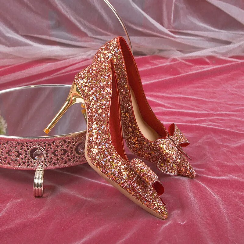 Women Pumps Slip-On Sweet Bowknot High Heels Shining Thin Heels Wedding Party Shoes - WSHP50104