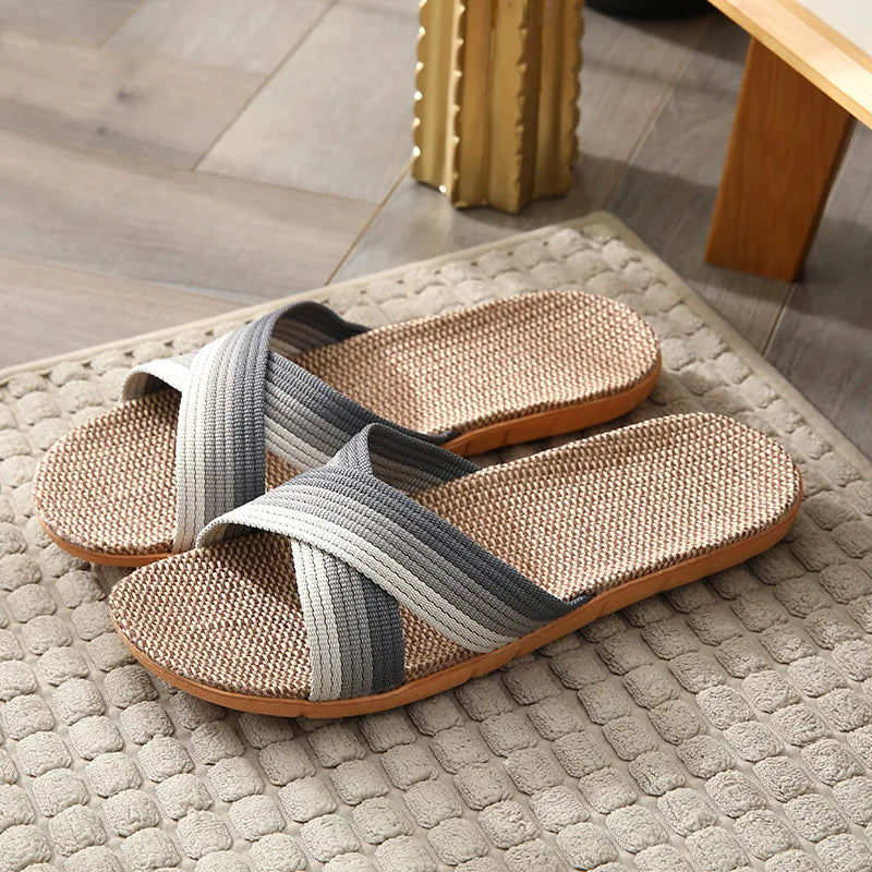 Men Slippers Linen Home Indoor Open Toe Flat Shoe Beach Slippers Striped Spliced Rubber Sandals