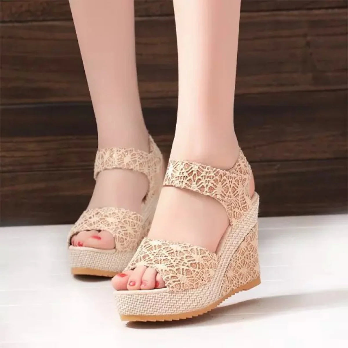 Women Summer Lace Sandals Solid Colors Peep Toe Fashion Elegant Wedge Heels Party Casual Pumps - WSD50240