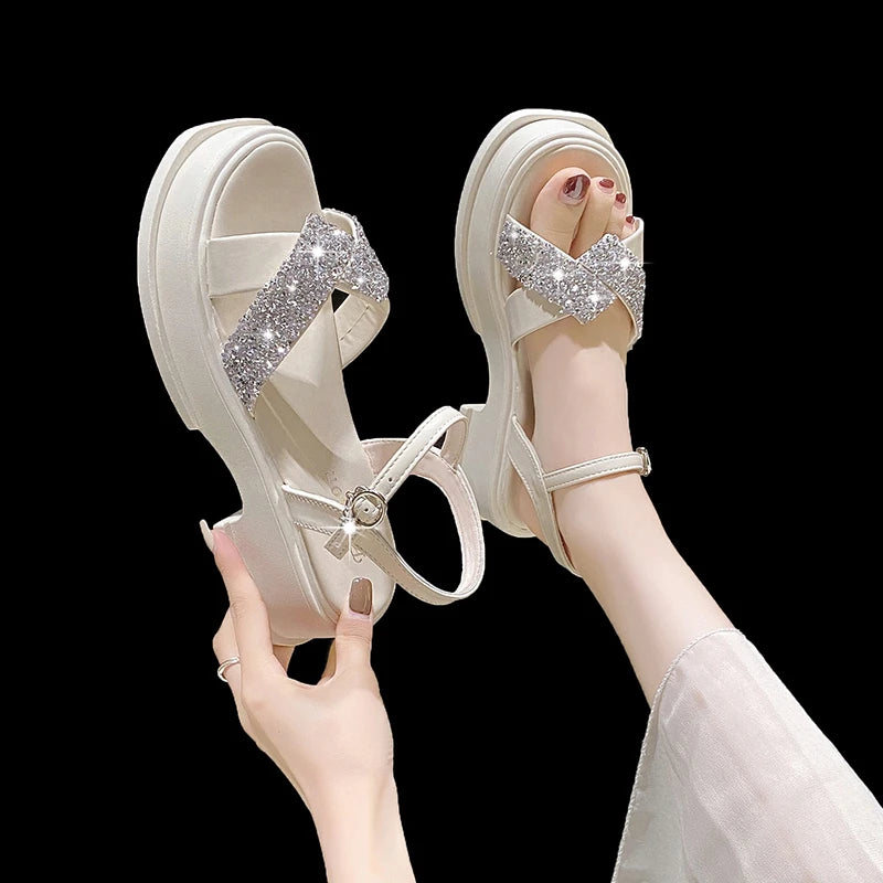 Women Crystal Platform Sandals Ankle Buckle Thick Bottom Sandles - WSD50242