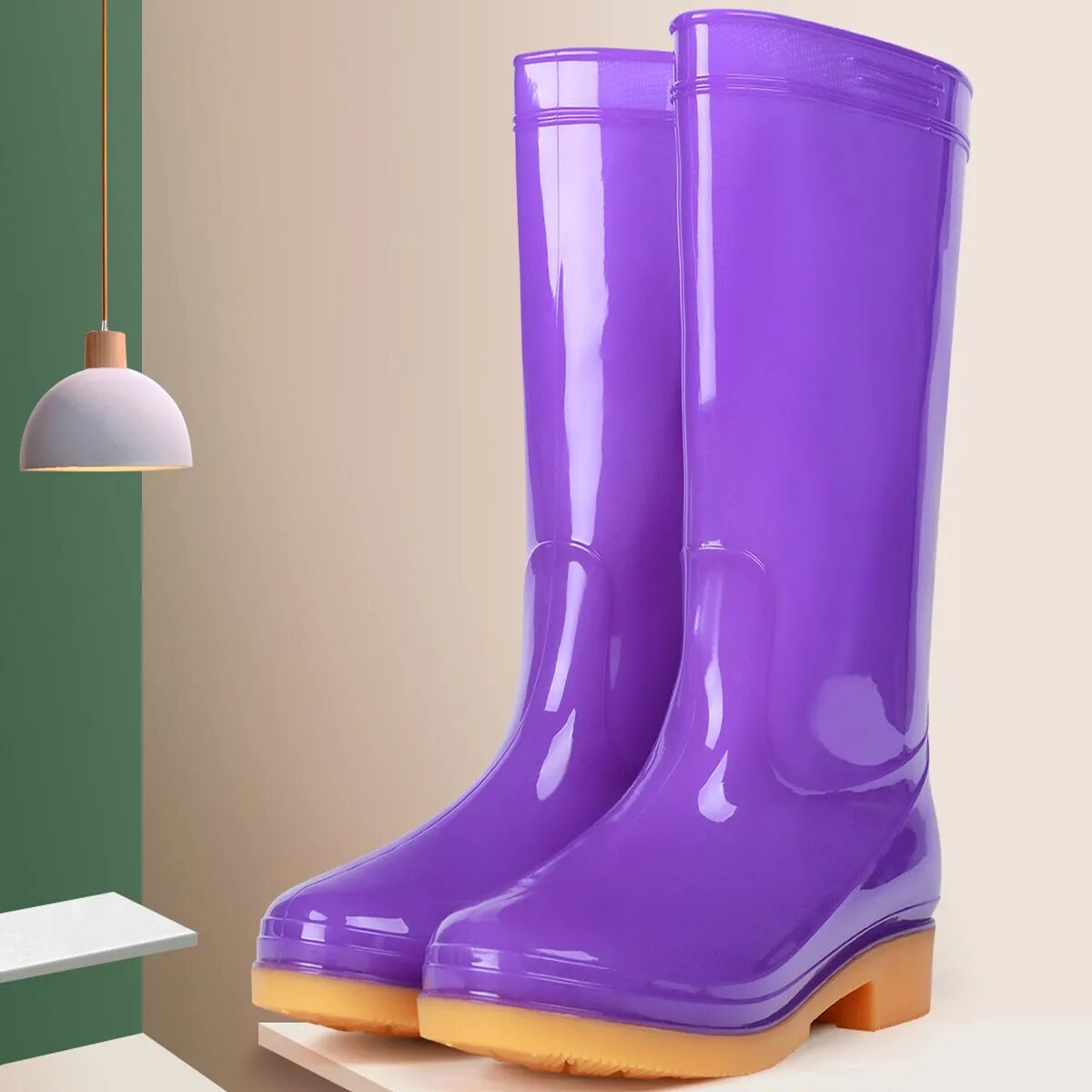 Women High Rain Boots Solid Color Waterproof Anti Slip Work Rubber Long Water Shoes - WRB50111