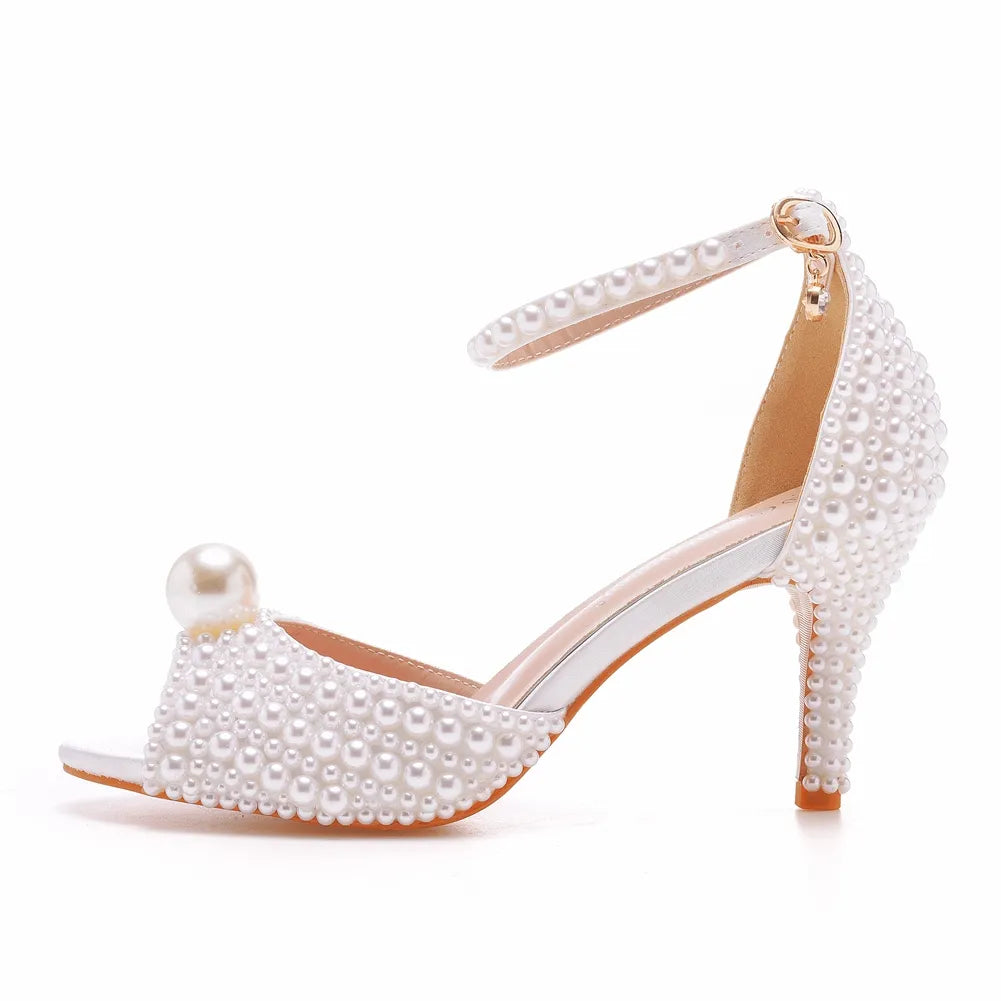 Women Crystal Queen White Pearl Sandals Open Toe High Heels Lady Luxury Wedding Shoes - WSHP50105