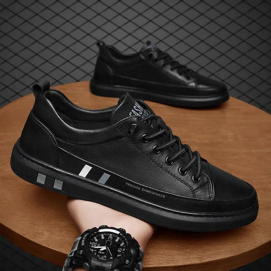 Men's Black White Leather Sneakers Low Top Shoes Trainers Waterproof Male Slip Sneaker - MS50288