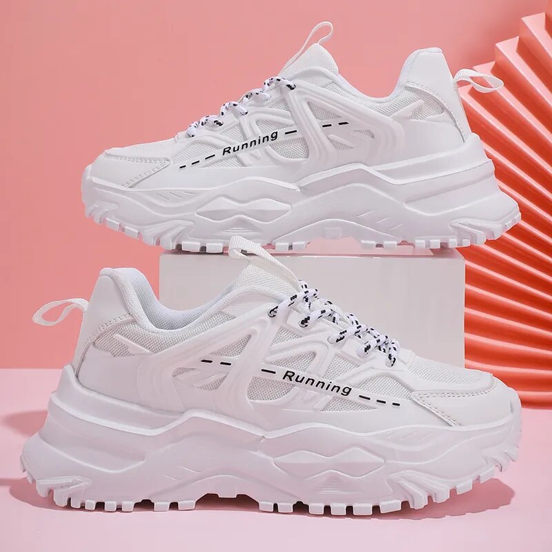 Women Casual Mesh Breathable Platform Sneakers Lace-up White Sports Training Footwear Shoes - WSA50049
