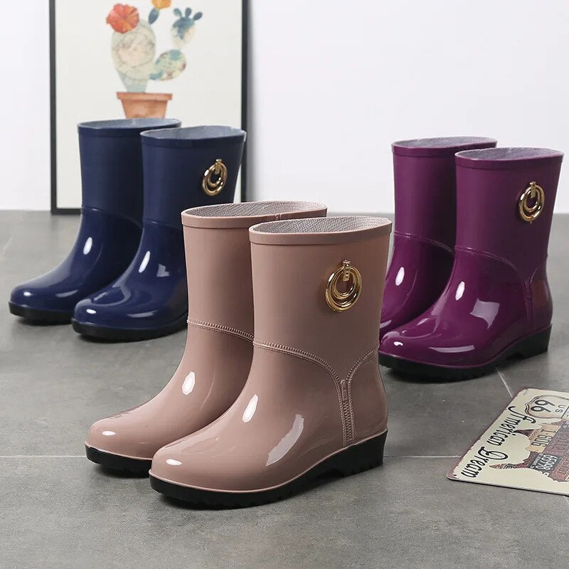 Women Fashion Boots Waterproof Rubber Work Water Shoes Winter Middle Tube Plus Velvet Slip on Rain Boot - WRB50161