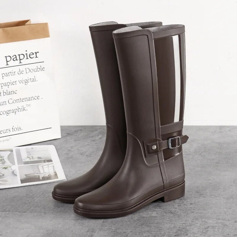 Women New Fashion Rain Boots Knee-High Water Boots Buckle Long Tube High-grade Waterproof Shoes - WRB50155