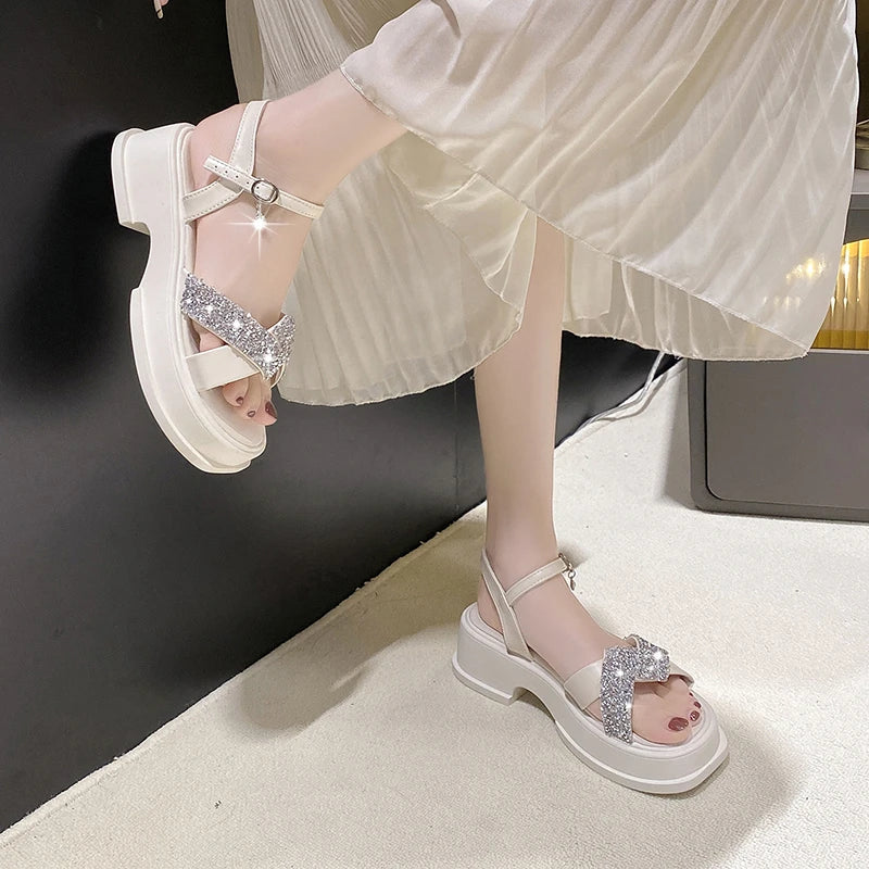 Women Crystal Platform Sandals Ankle Buckle Thick Bottom Sandles - WSD50242