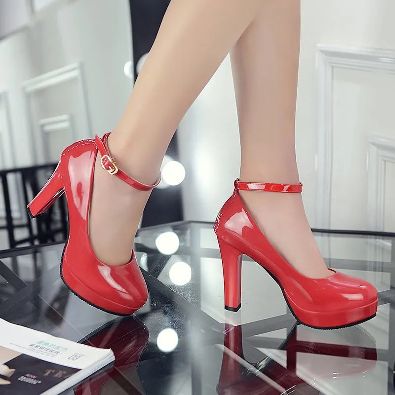 Ankle Strap High Heels Women's Pumps Patent Leather Woman Thick Platform Mary Jane Women Party Shoes - WSHP50065