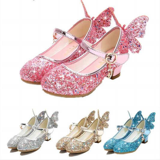 Princess Butterfly Leather Shoes Kids Diamond Bowknot High Heel Children Shoes - YGSD50509